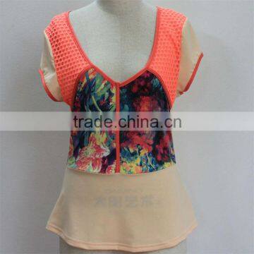 Newly Design Printed Peplum Ladies Top with Mesh Yoke 2014