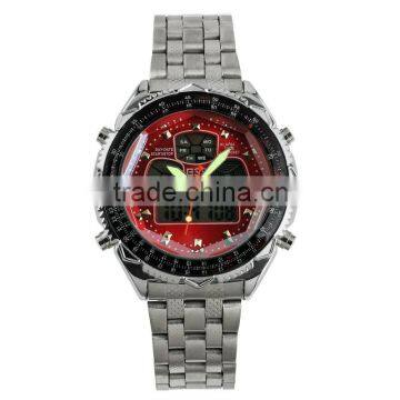 WM004-ESS Brand New mens man analog digital alarm red face stainless steel sport quartz watch