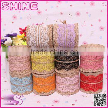 0.06*2M Jute Burlap colourful heart lace roll customized DIY decoration jute roll