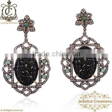 Diamond Pave Silver Earrings, 925 Silver Black Onyx Gemstone Carving Earrings, 14K Gold Diamond Pave Carving Earring Jewelry