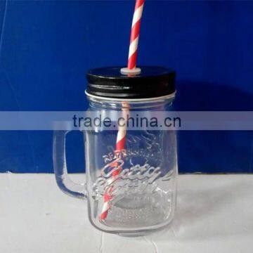 480ml 16oz embossed glass jar with handle