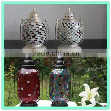 Mosaic Glass Lantern Metal Antique Cast Iron Candle Holder photo-5