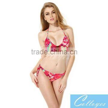 Colloyes 2016 New Sexy Red Floral Halter Top with Classic Cut Bottom Bikini Swimwear