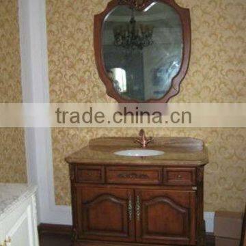 Yellow wood-grain marble Antique single sink wooden mirror and vanity top with Baltic Brown/Classic solid wood cabinet