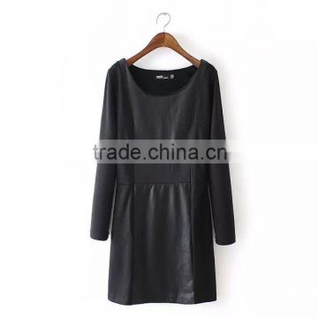 woman clothing round collar PU dress