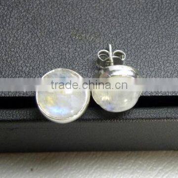 Rainbow Moonstone Round Cabochon Stud Earrings, 925 Solid Sterling Silver Earrings, Natural Gemsone Stud Earrings
