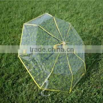 Made In China Unique Design 23inchx8k Straight Auto Open Leaves Print PVC Transparent Umbrella