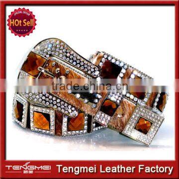 Brown Brindle Prism Concho Real Glass Crystal Rhinestone Belt