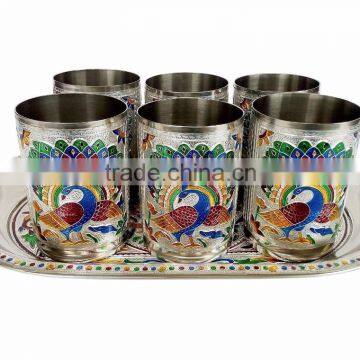 ROYAL PEACOCK DESIGNED STAINLESS STEEL MEENAKARI DECORATIVE TRAY - RP-1 SILVER (8.35" x 12.50" x 0.87" INCHES) photo-2