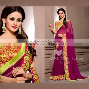 Glided Light Yellow Georgette Saree/Traditional Indian Sarees photo-6