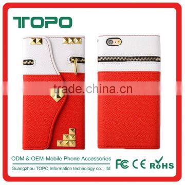 Gold Rivet leather mobile phone case cover mixed color zipper flip wallet Magnetic Buckle for iphone 6 6S plus