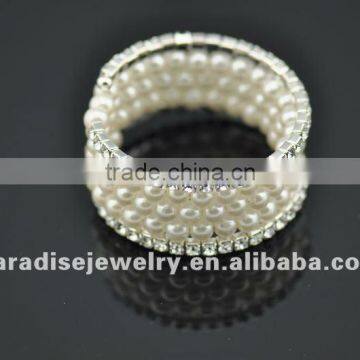 5 row pearl and rhinestone graduated wraparound coil bracelet-BRW060406