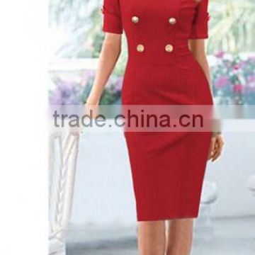 Red Plain Buttons Square Neck Elbow Sleeve Dress