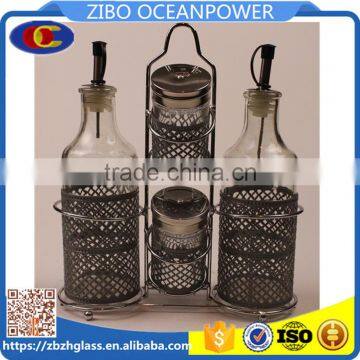 set of glass oil spice jar bottle set with iron holder metal cover