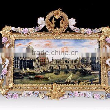 Floral Ceramic and Gold Plated Copper Mounted Framed Wall Hanging Art Fresco, Wall Mural photo-2