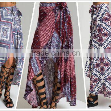 NEW SUMMER STYLE Asymmetrical HEM BEACH BOHO PRINTED LONG CASUAL SKIRT