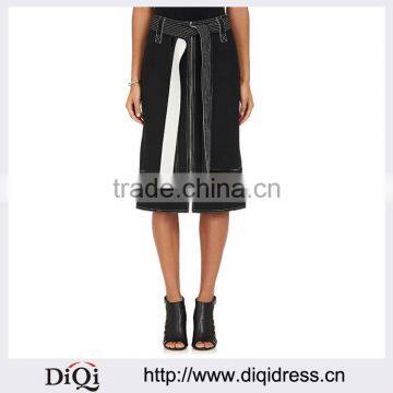 Customized Lady's Apparel Black Plain-weave Sheer Striped Belted Midi Skirt(DQM022S)
