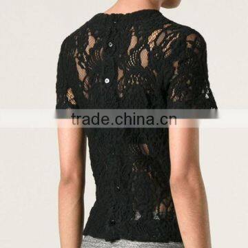 Ladies Formal/office Wear Elegant Transparent Short Sleeve Sexy Black Lace Blouse photo-5
