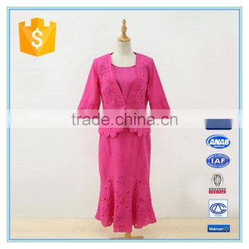 Linen Fabric Floral Embroidery Monogram Scallop Church Suits For Lady