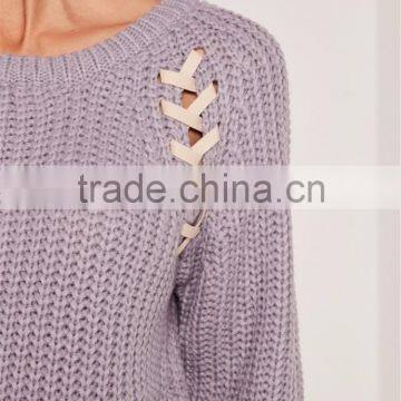Custom Label Brand Women Plain Long Sleeve Knitwear Crewneck Lace Up Jumper Purple Pullover Oversized