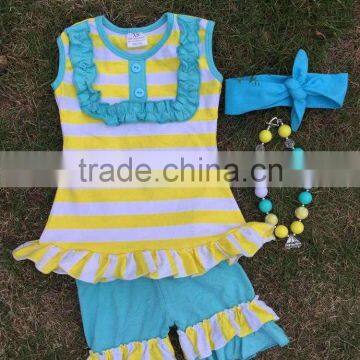 2016 new baby girls yellow strips capri set outfits with matching necklace and headband