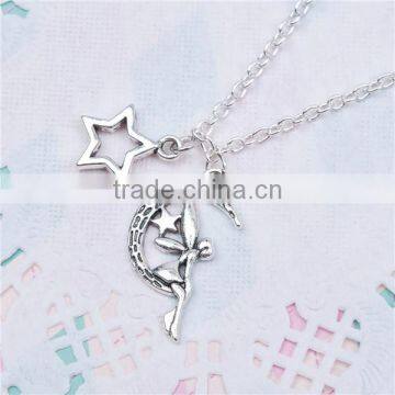 New Fashion Necklace Link Cable Chain Antique Silver Fairy Moon Star Pendants 51.6cm Long