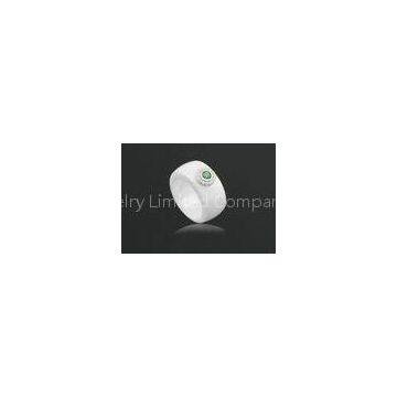 Lady Wide White Ceramic Silver Ring Green CZ , Ultra Wear Resistant CSR0611-green