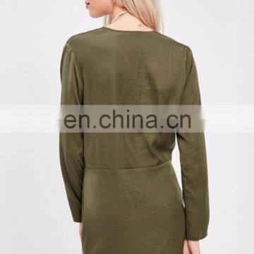 2017 Long Sleeve Mature Women Sexy Satin Wrap Mini Dress For Women photo-4