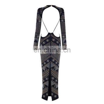 Latest Celebrity Design Women Elegant Long Sleeve Backless Evening Sequins Beaded Maxi Party Dresses photo-4