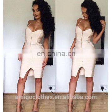 Amigo 2017 New Design Black Spaghetti Strap Slit Midi Bandage Dress Sexy Evening Dresses for Girls Party photo-3