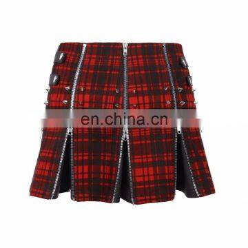 Red Tartan Pleated Mini Skirt With Spikes and Zippers Q-250 Punk Rave photo-3
