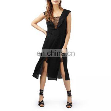 Wholesale women clothes sleeveless sexy black lace trim flutter sleeve midi dress