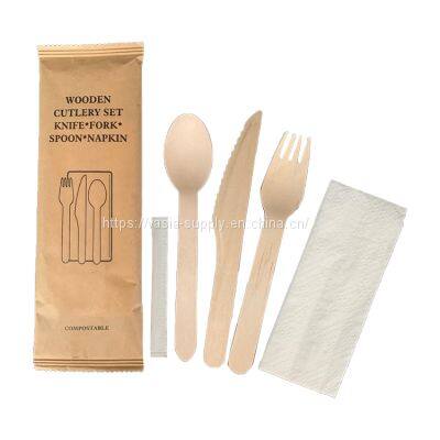 Disposable wrapped in Kraft Paper Pack 5 in 1 Birch Wood Cutlery Sets Wooden fork & Wooden Knife & &Wooden Spoon & Napkin & Toothpicks