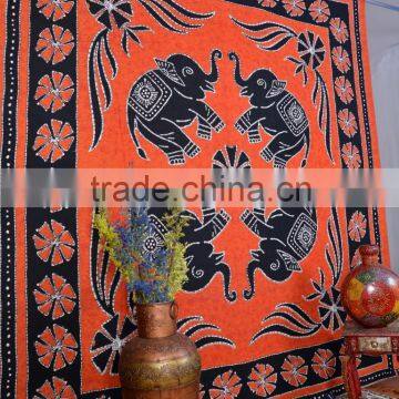 Indian Tapestry Cotton Elephants Print Orange Vintage Wall Hanging Tapestries Throw Mandala Print Bedsheet