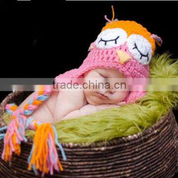 Crochet Baby Hat Pink and Orange Owl Baby Girl Photography Prop