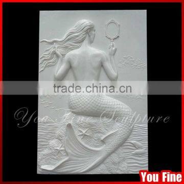 Decorative White Marble Nude Mermaid Relief Wall Sculpture