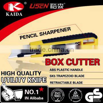 Auto Retractable Safety Trapezoid blade Plastic with rubber grip handle Cutter sharpenper