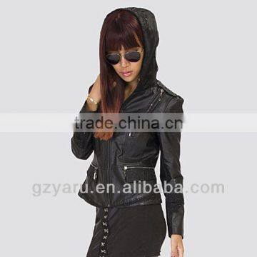 Women Black Fashion Short PU casual Jacket with Hood