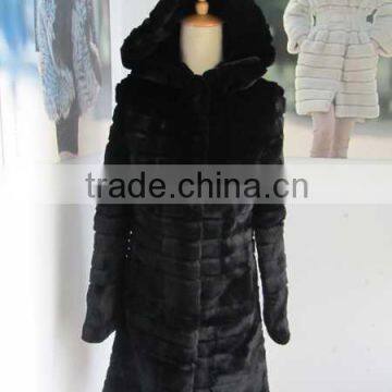 2015 wholesale simple long style hooded real rex rabbit fur coat for women