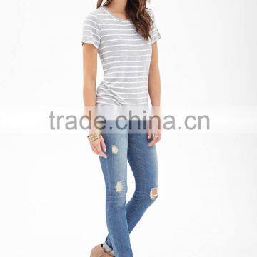 2014 Women Tshirts New Design Striped T Shirt of Jersey Fabric 100% Cotton T-shirts Christmas Discount Sale Offer