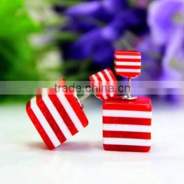 Korean Style Sweet Chromatic Candy Geometry Earring Accessory Two Size Stripe Square Double Side Clip-on Earrings For Teenagers