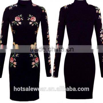 2016 Autumn New Arrival 3D Floral Print Stand Collar Bodycon Dresses Black Long Sleeve Midi Dresses OXL141117 photo-2