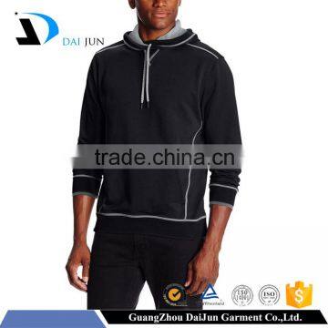 Oem fleece with drawstring rib hem and pockets black casual pullovers men cut and sew stone wash hoodie