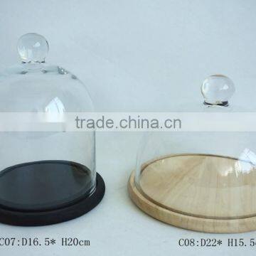 glass cake cover wIth wooden tray