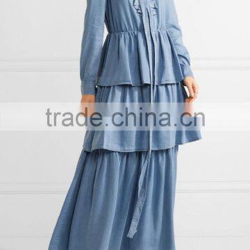 Latest Ruffled Tiered Tencel-chambray Long Sleeve Maxi Dress Names Of Ladies Drsses Designs Photos 2016 HSD5675 photo-3