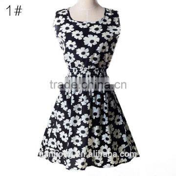 2015 Spring Summer New Korean Style Women Clothing Casual Bohemian Floral Leopard Sleeveless Vest Printed Beach Chiffon Dress photo-2
