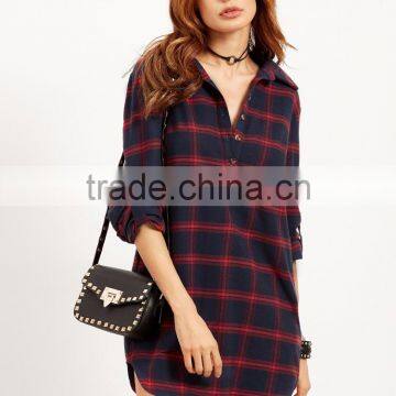 Navy Plaid Roll Tab Sleeve Half Placket Shirt Dress 100% Cotton Pocket Curved Hem Button Casual Short Dress photo-2