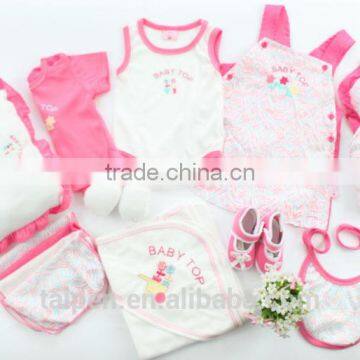 Hot Selling Pink Color Summer Romper +Top 15Pcs 100% Cotton New Born Baby Clothing Gift Set For Girls