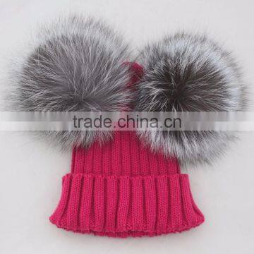 Myfur Rose Fashion Ladies Wool Beanie With Double Silver Fox Fur Pom Poms Attached