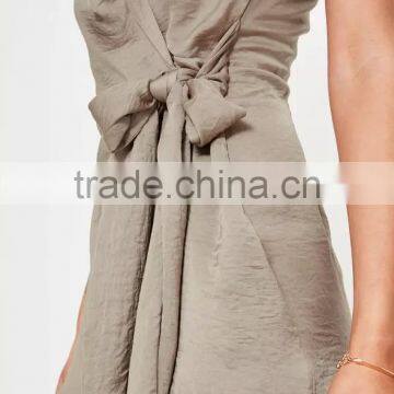 2017 New Taupe Sleeveless Knot Front Wrap Silky Women Shirt Playsuit photo-2